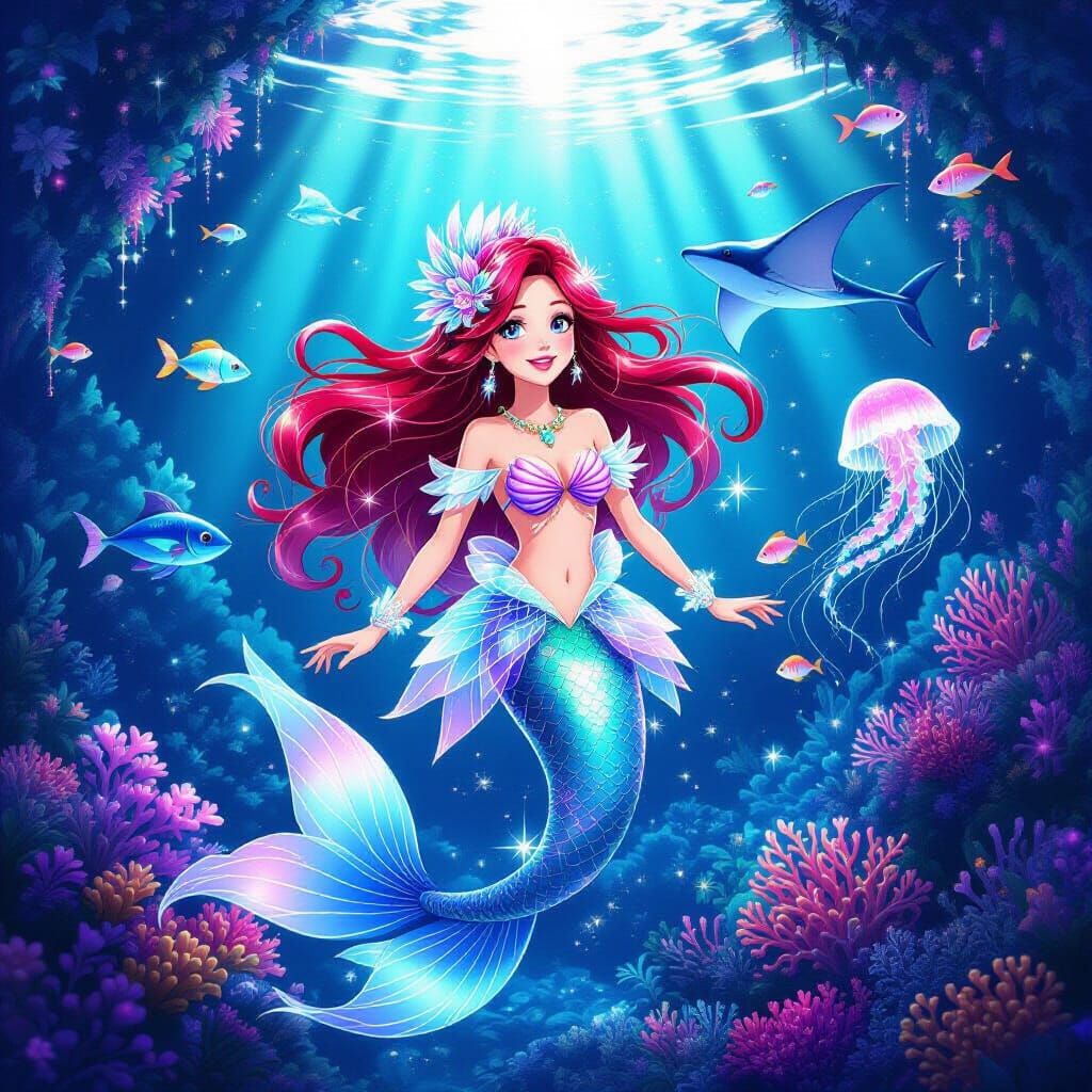 Mermaid Princess in Glowing Coral Palace, Anime Fantasy Styl...