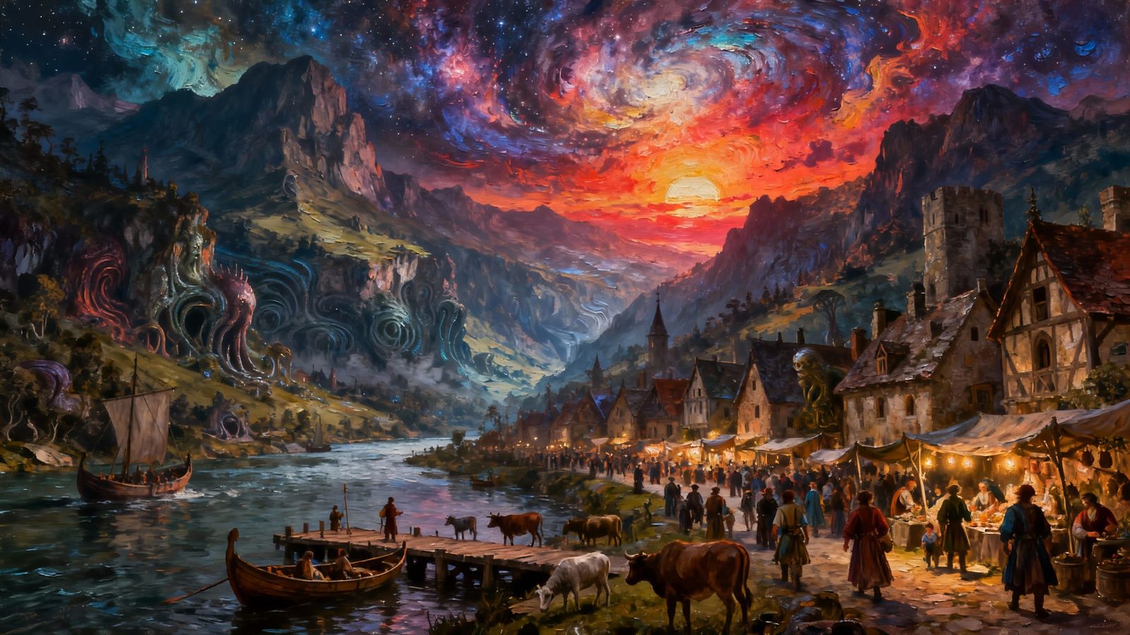 Medieval Village with River and Market Under Nebular Sunset