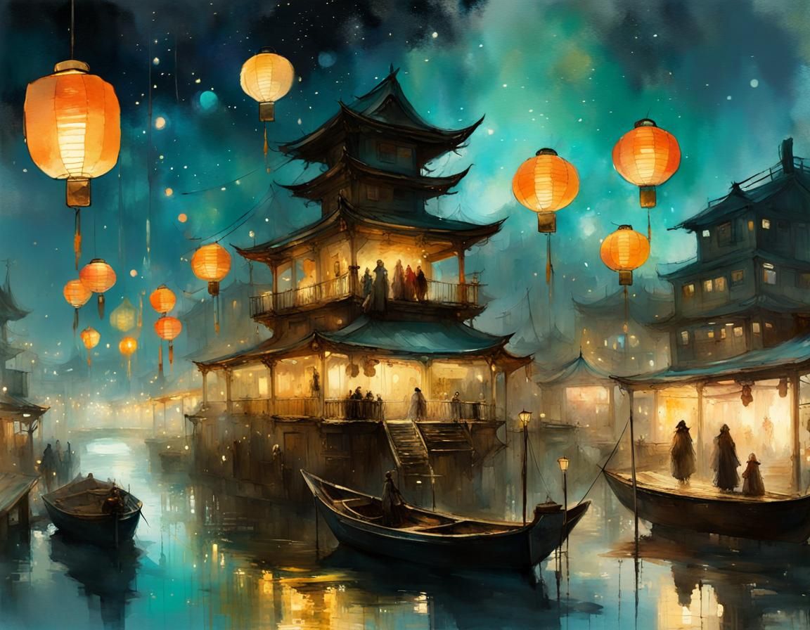 Enchanted Carnival: Japanese Lanterns in Nebula Sky