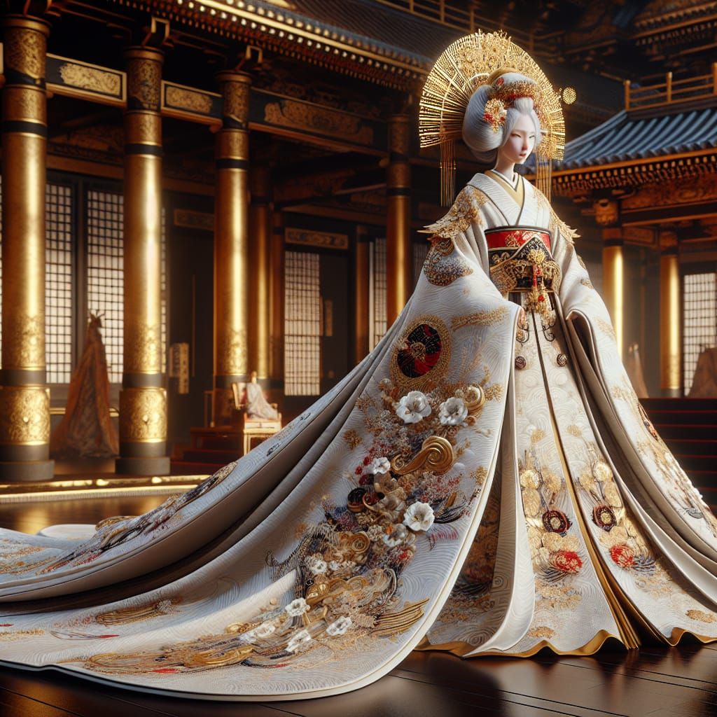 Beautiful elegant Japanese Empress wearing a stunning flowing white kimono trimmed and decorated with gold red and black...
