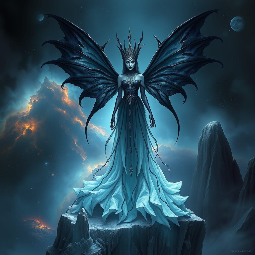 Fairy Queen on Crystalline Precipice, Cosmic Nebula View