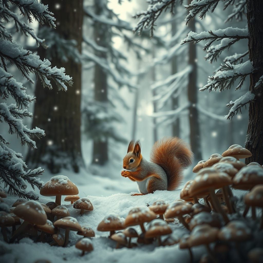 Squirrel in Winter Wonderland Scene, Whimsical Snowy Forest