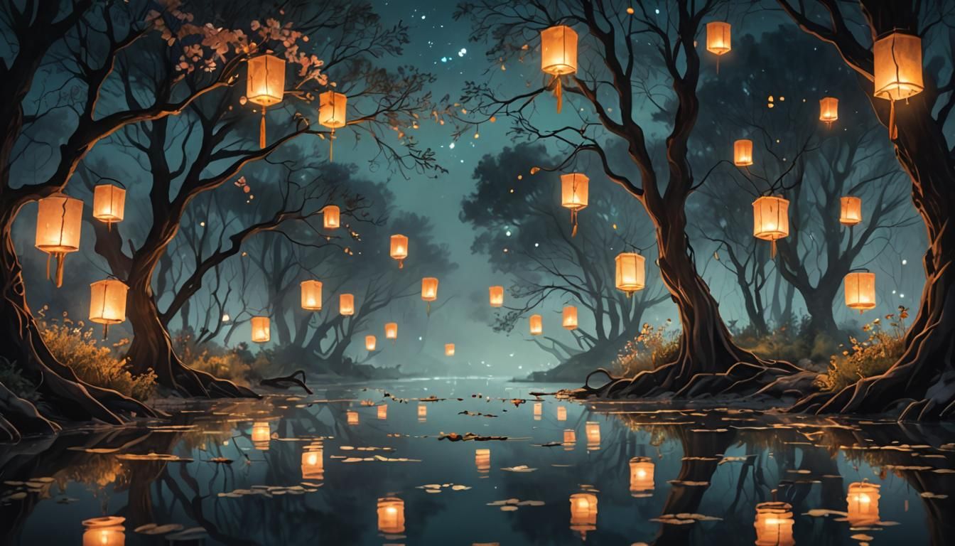 Bioluminescent River with Floating Lanterns in Watercolor