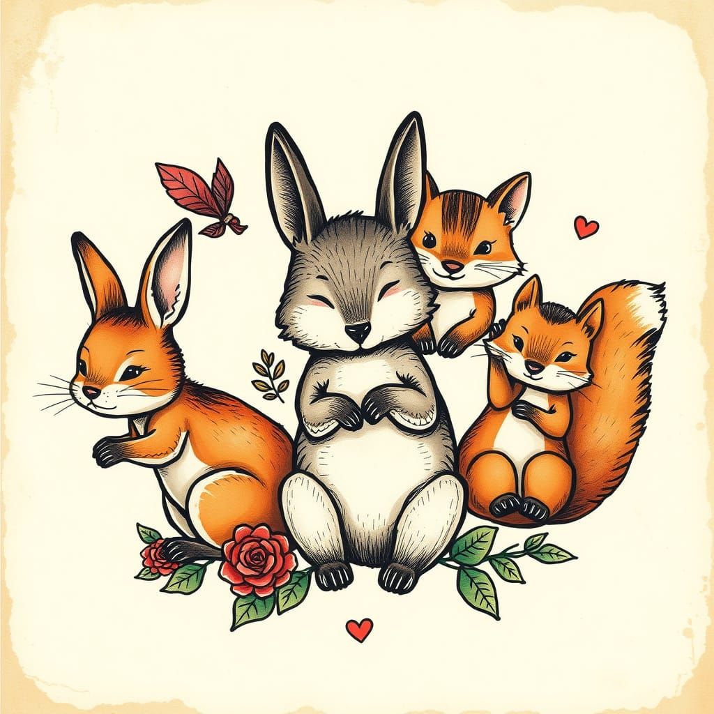 Whimsical Tattoo Designs of Furry Critters on Vintage Poster