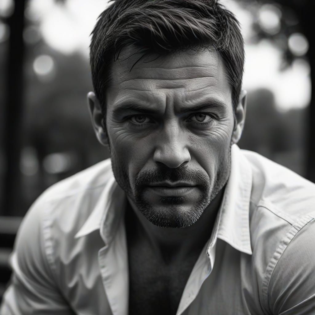 Muscular Man in Moody Black and White Portrait