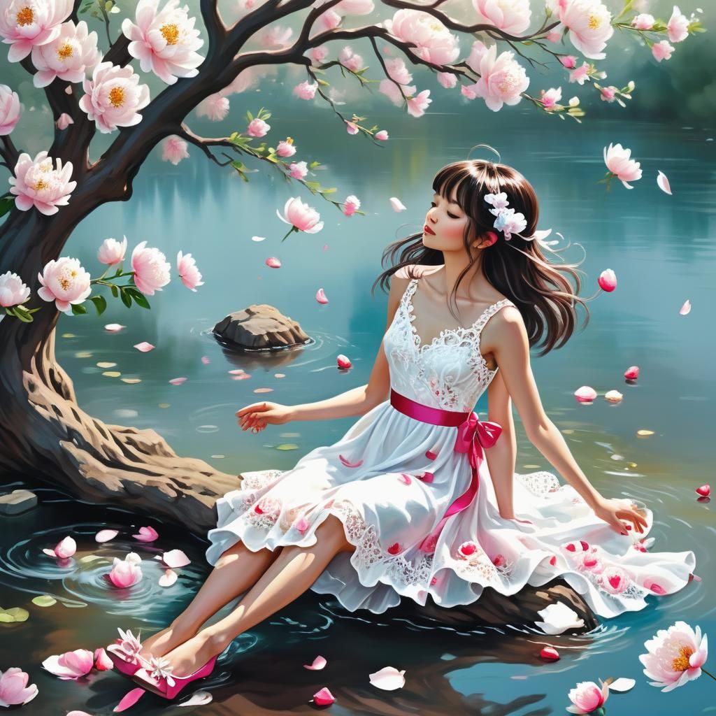 Woman Under Peony Tree: Vibrant Watercolor Art