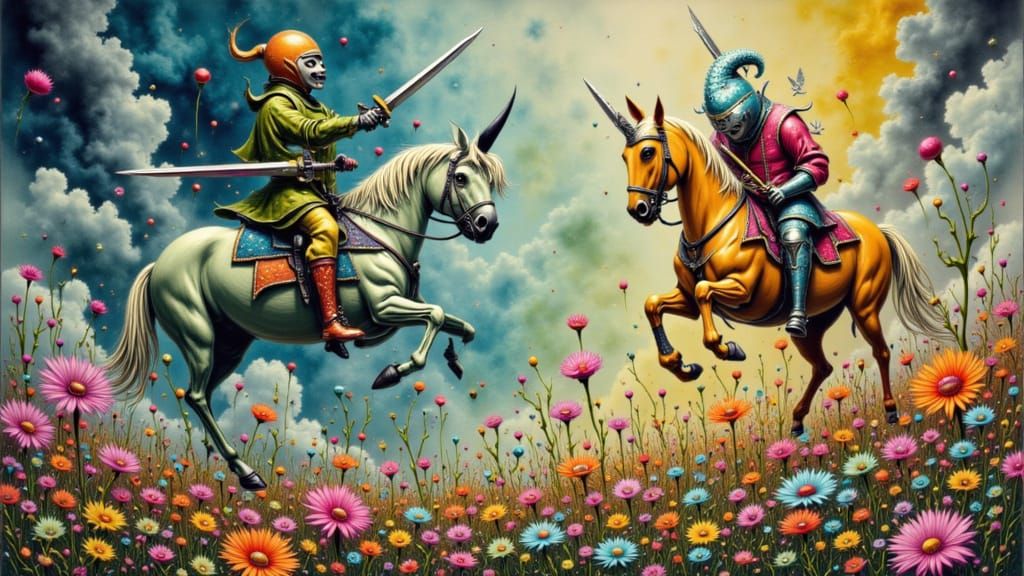 Surreal Knight Battle in Escher & Bosch Style