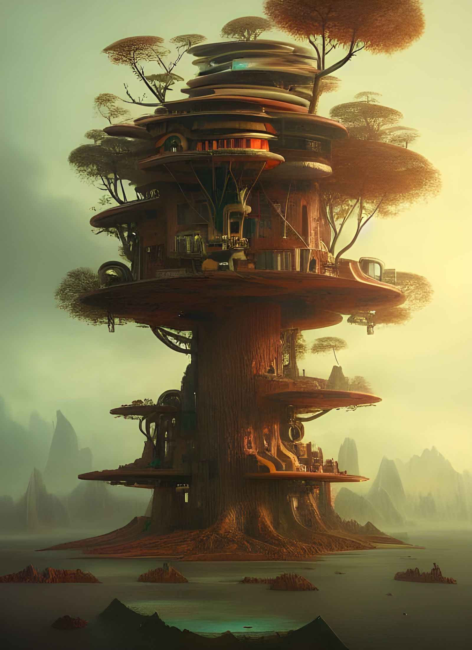 Retrofuturistic Treehouse on Mars: Detailed Matte Painting