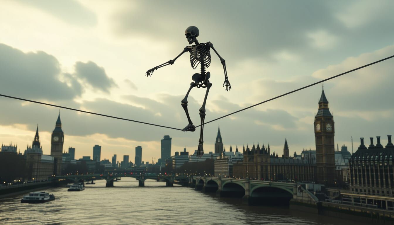 Skeletal Figure on Tightrope Above Thames