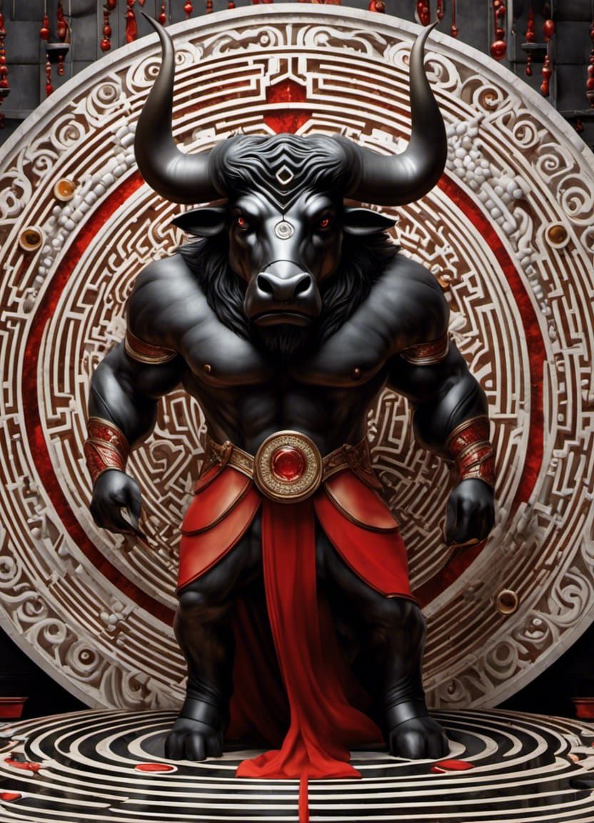 Hyperdetailed Minotaur in Marble Maze with Sun Rays