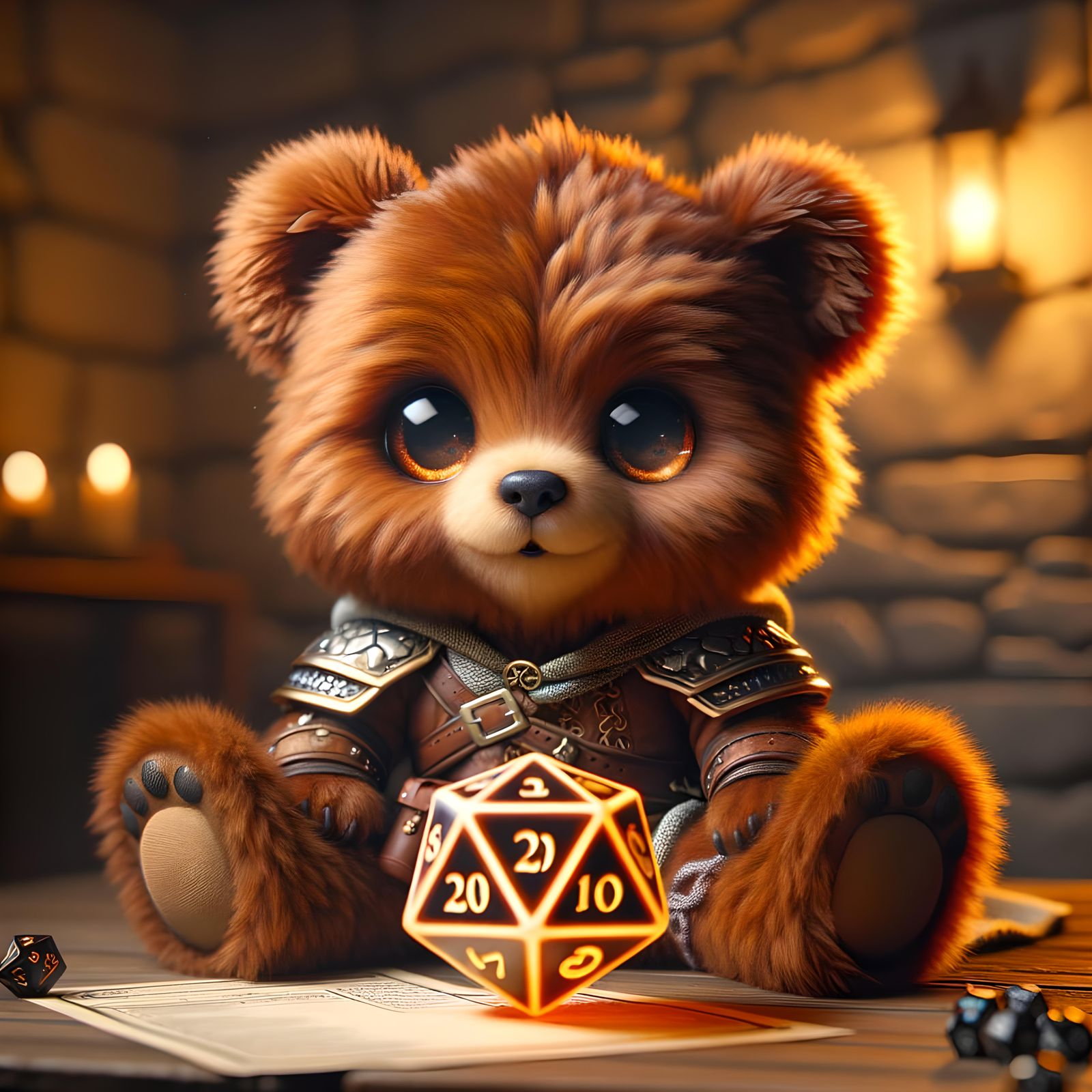 Chibi Bear Barbarian with Bioluminescent Die