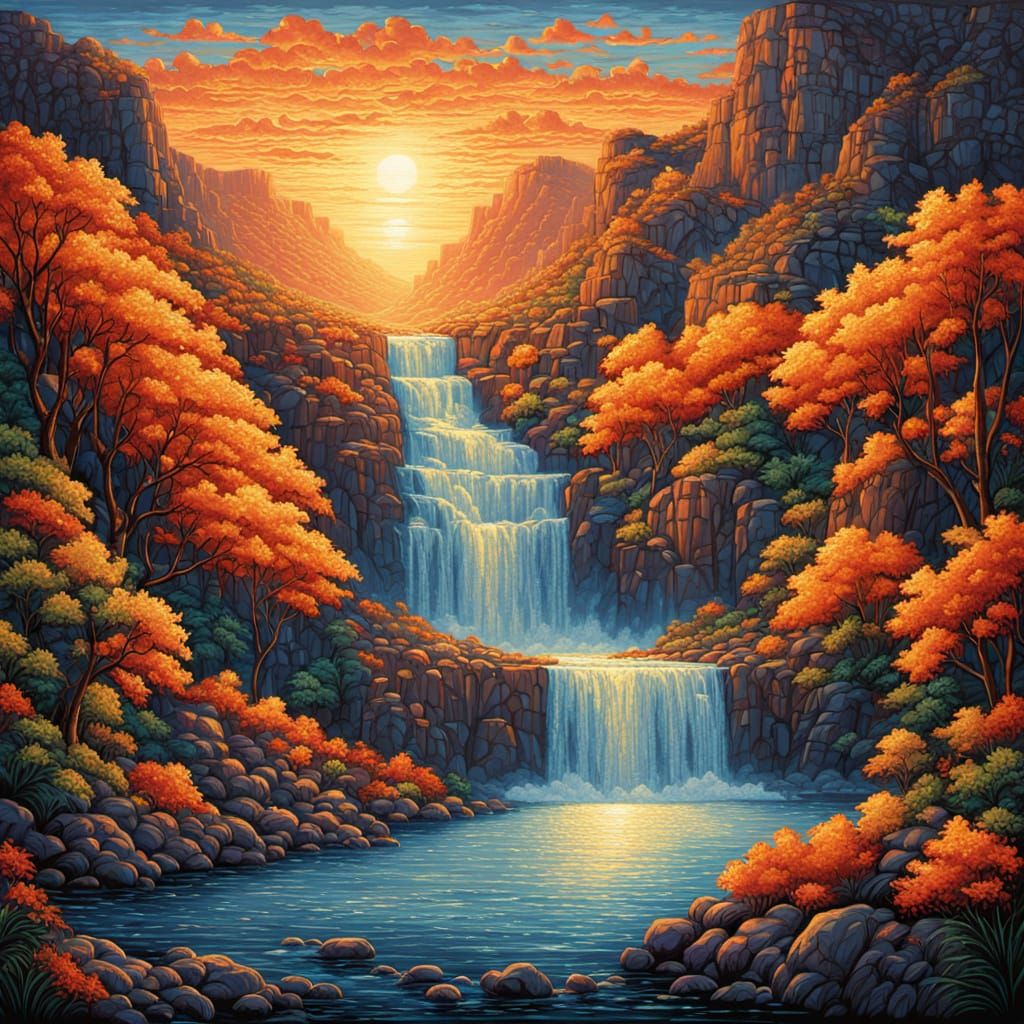 Surreal Waterfall in Vibrant Cross-Stitch Style