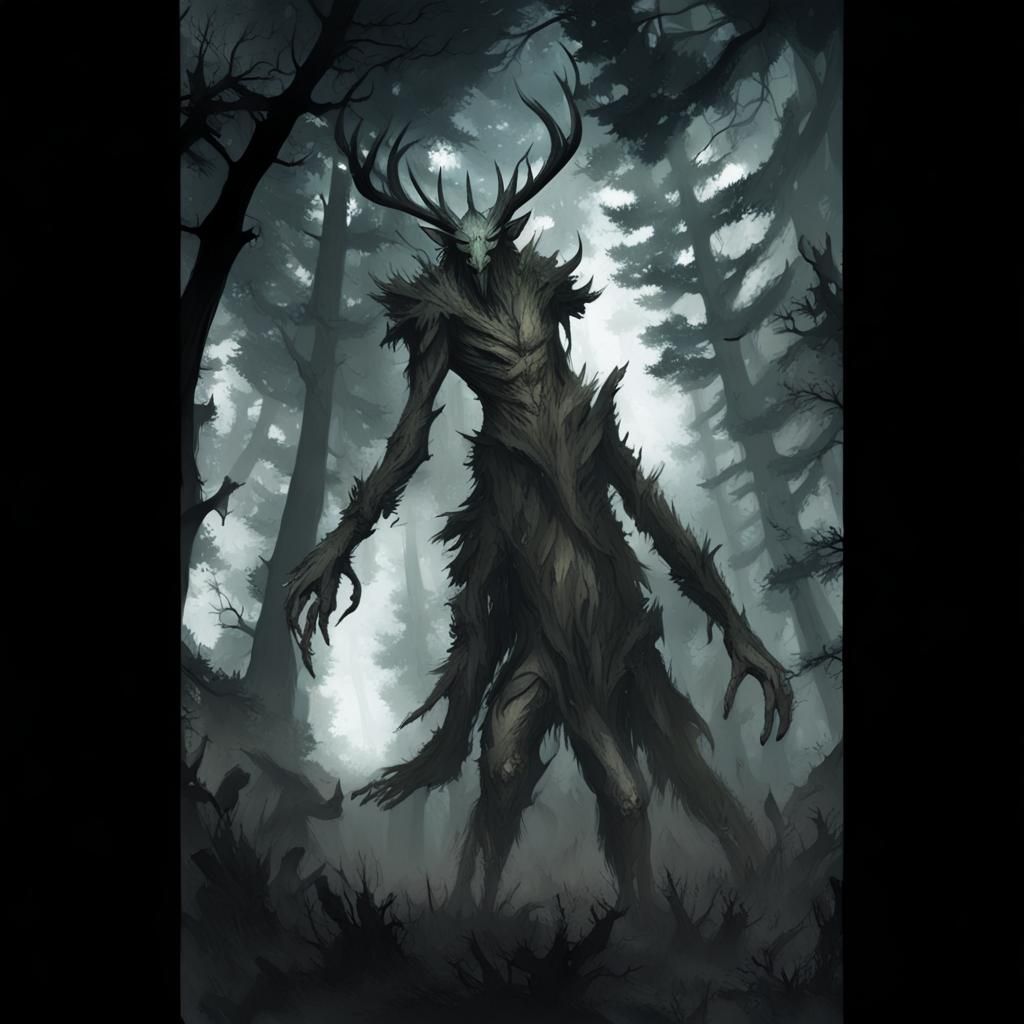 Leshen Monster in Misty Woods Fantasy Scene