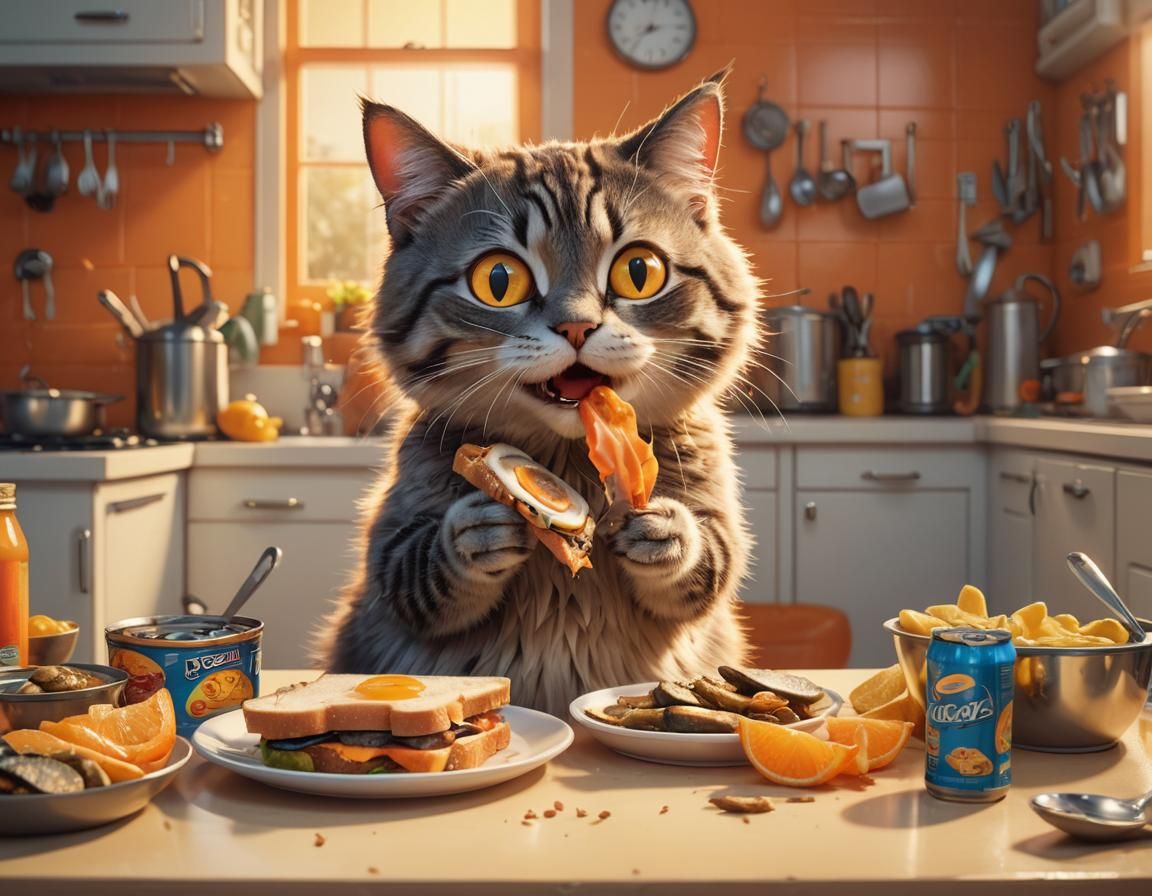 Cartoon Cat's Sardine Snack: Vibrant 3D Digital Art