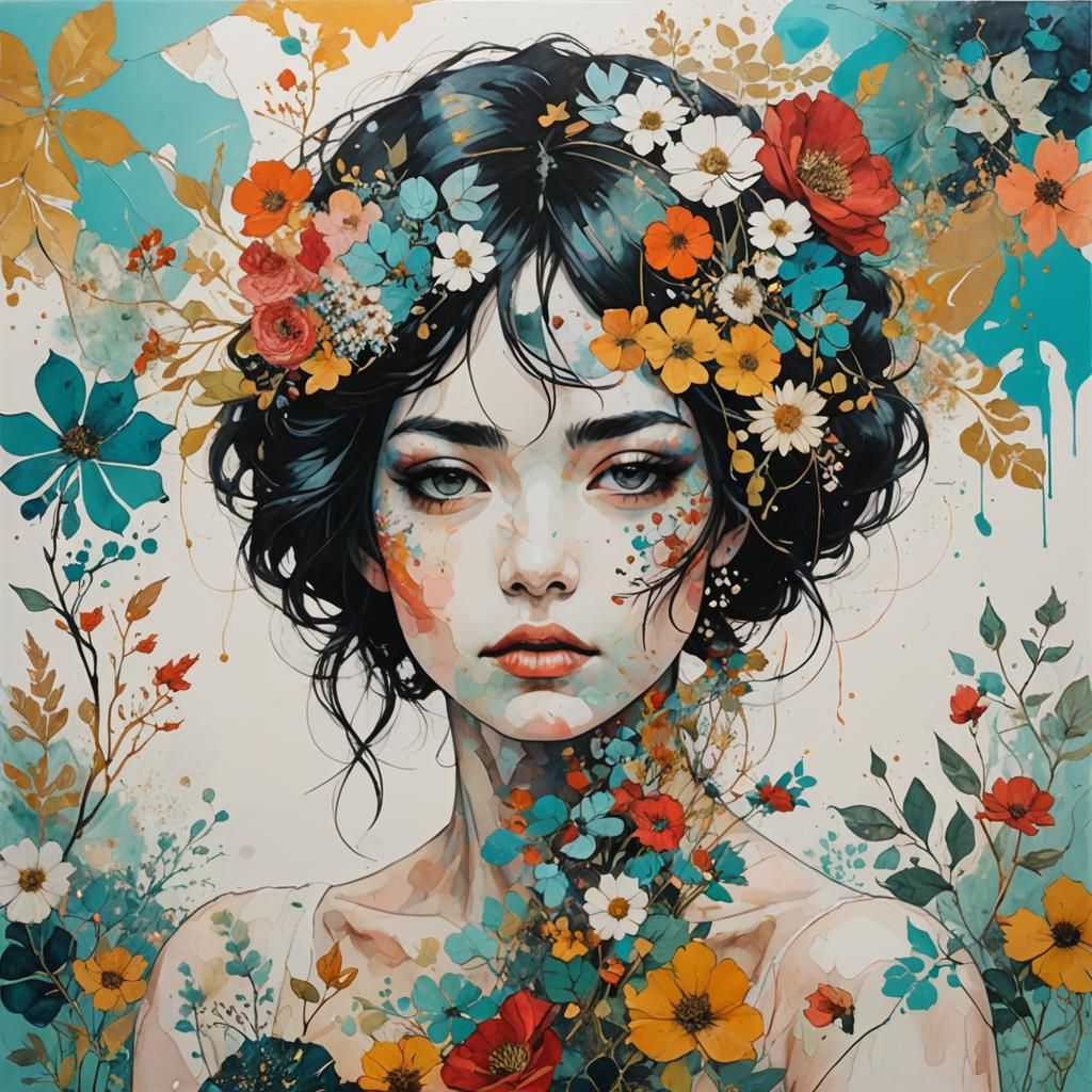 Botanical Floral Patchwork in Mixed Media Style