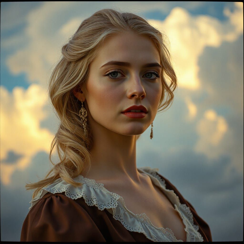 Victorian Blonde Woman Amidst Dreamy Clouds