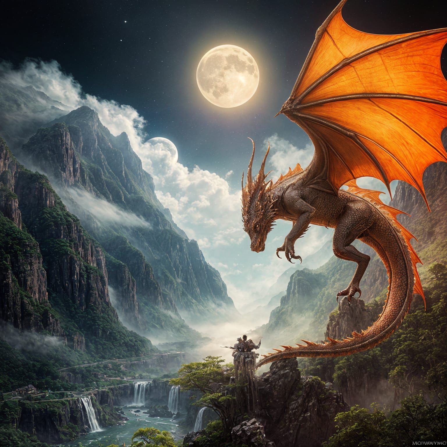 Ethereal Dragon Soars Over Serene Mountain Valley at Night