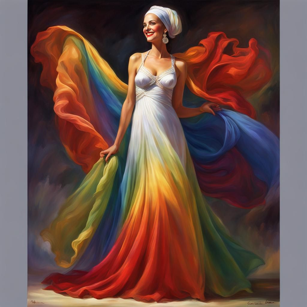 Glamorous Lady in Rainbow Nightgown: Fantasy Art