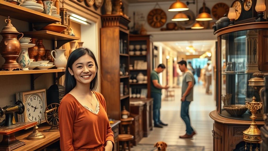 Cozy Vintage Shop Interior with Warm Lighting and Curated Tr...