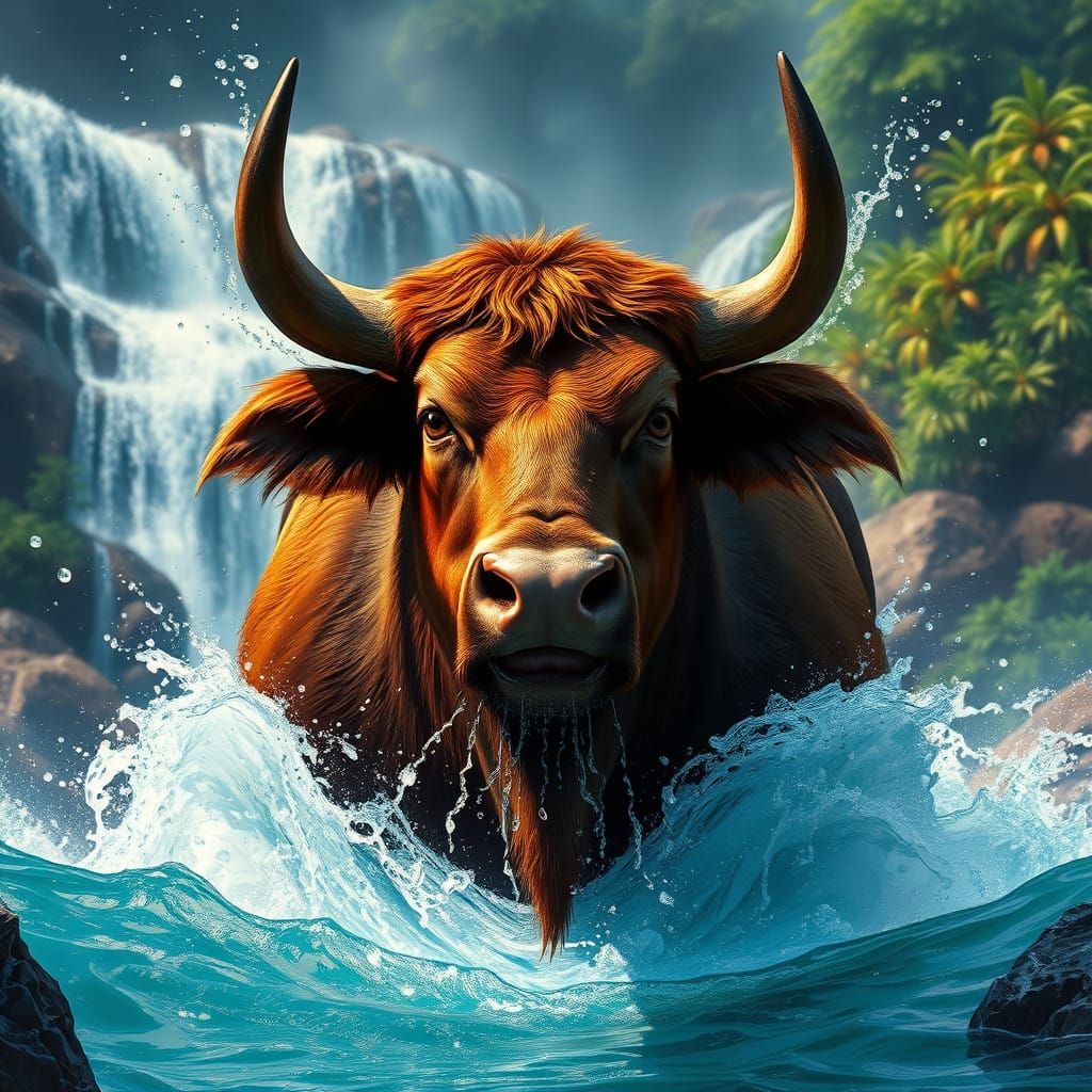 Powerful Bull Erupts from a Vibrant Waterfall in Hyperrealis...
