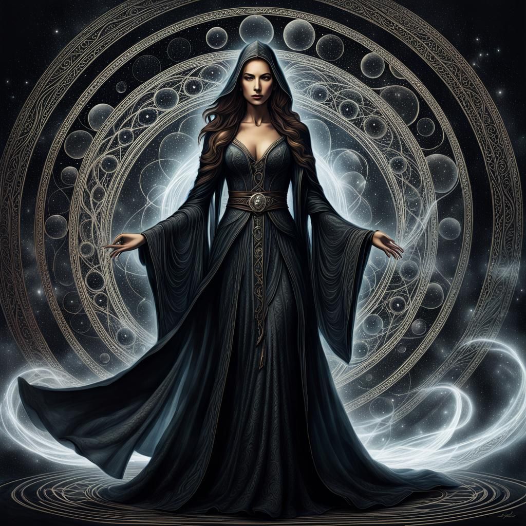 Mystical Sorceress in Ancient Chamber: Intricate Line Art