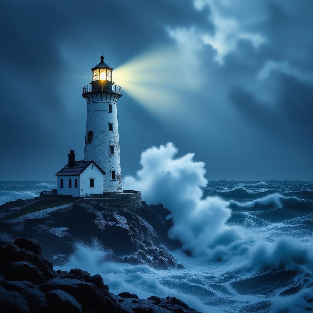 Lighthouse Beacon in Stormy Seas, Digital Matte Painting