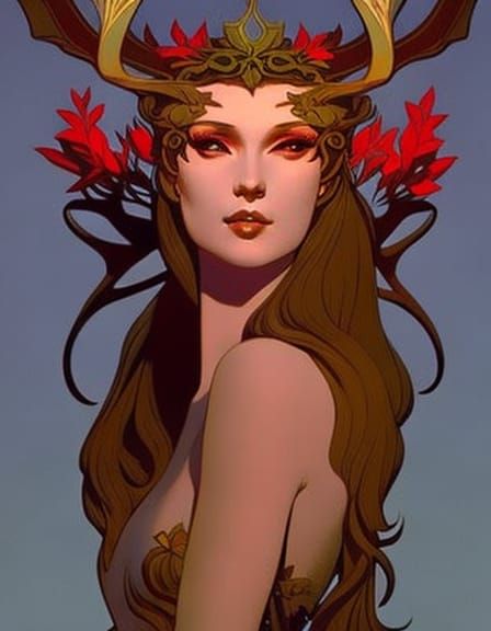 Faun Woman with Antlers in Art Nouveau Style
