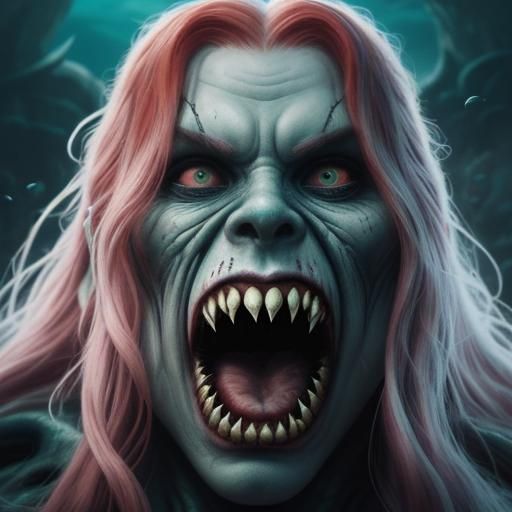 Grotesque Disney Mermaid Villain in Photorealistic Gothic St...
