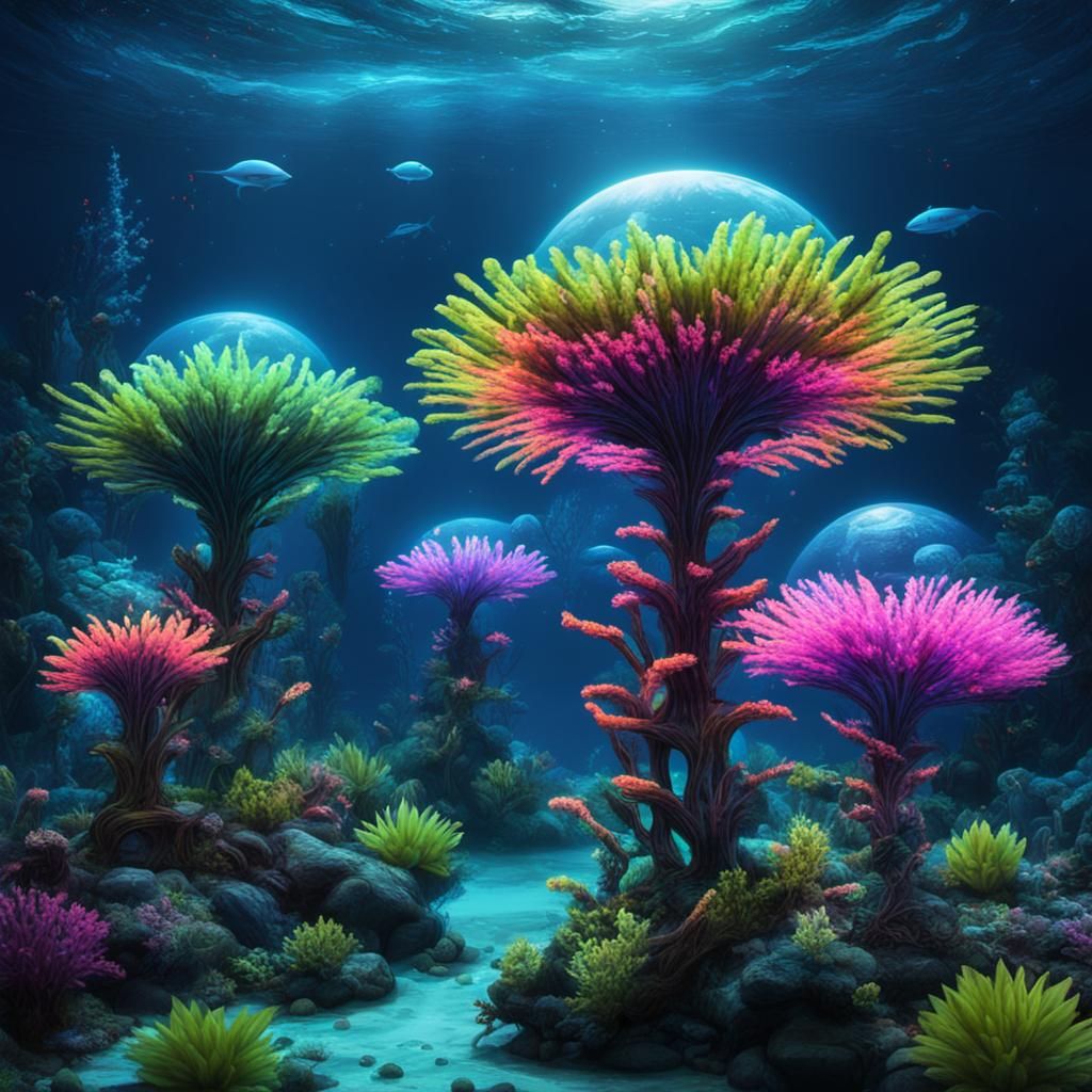 Crazy Alien Plants under the ocean with glowing neon lights