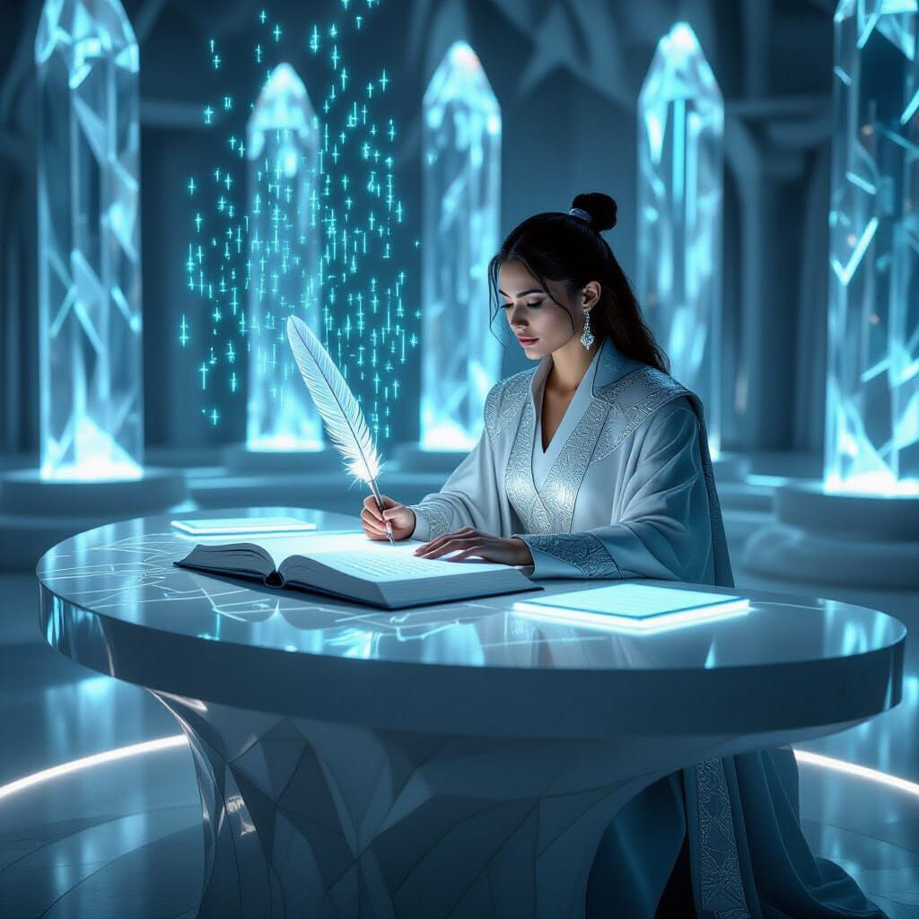 Magical Writer Creates Reality with Glowing Symbols