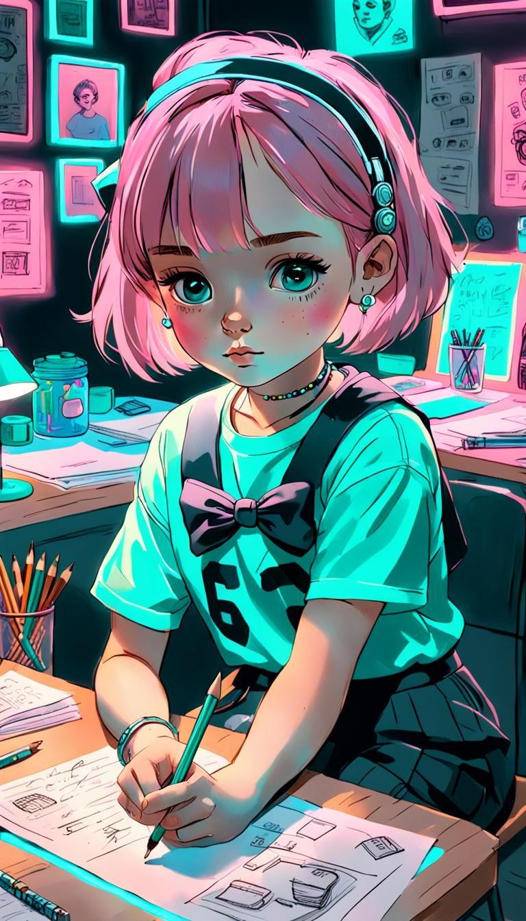 Girl Writing at Cluttered Desk in Charcoal Style