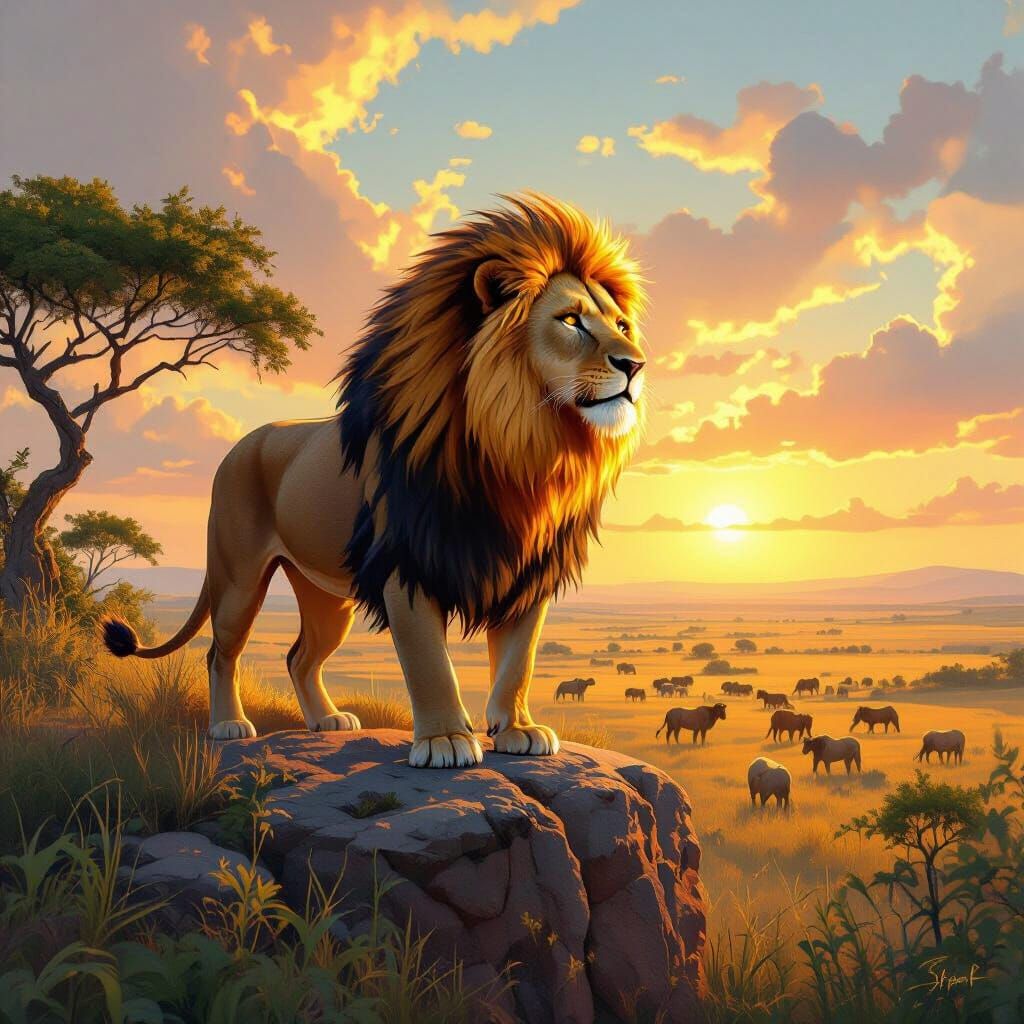 Flaming Lion Overlooking Savanna, Hyperrealistic Digital Art