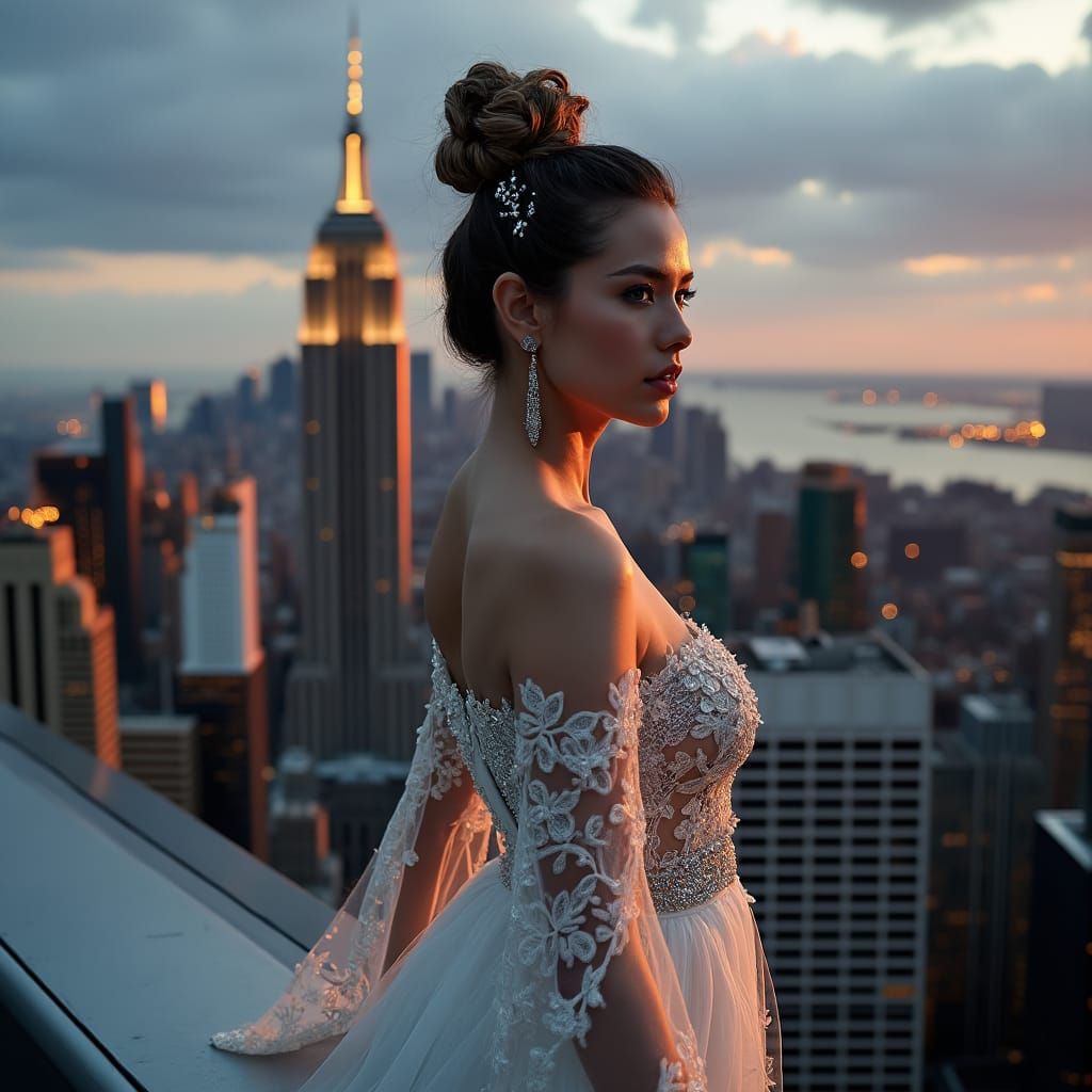Woman in Lace Gown on Skyscraper Ledge