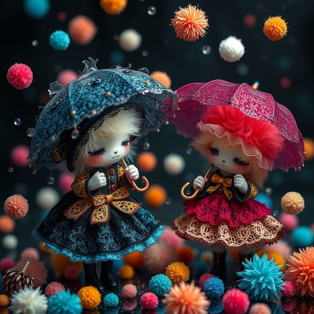 Adorable Goth Pompom Creatures in a Colorful Storm