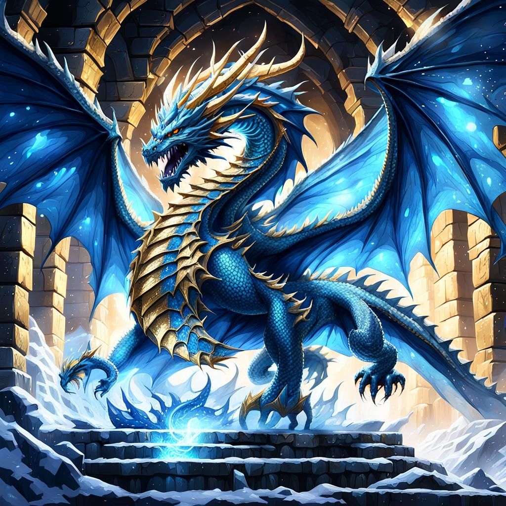 Blue Dragon Soaring Through Icy Dungeon in 3D Anime Style