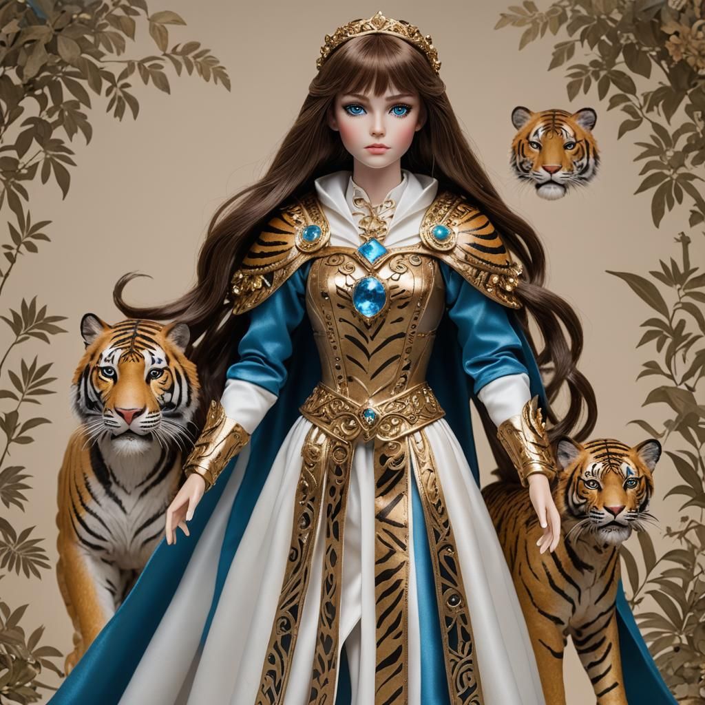 Young woman with blue eyes long brown hair with bangs doll A strong, regal figure with a white and golden costume, compl...