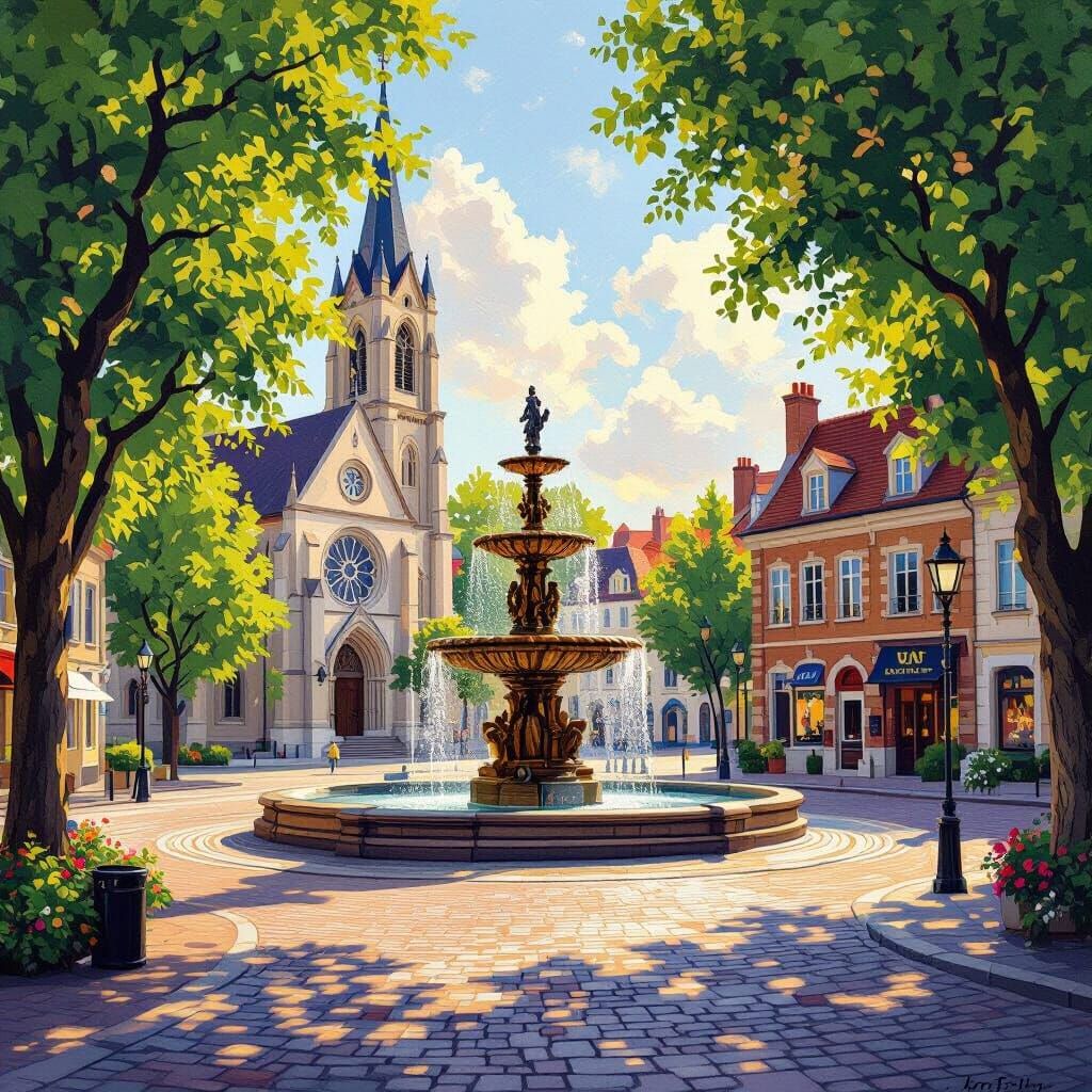 Vibrant Town Square with Fountain and Church in Afternoon Li...