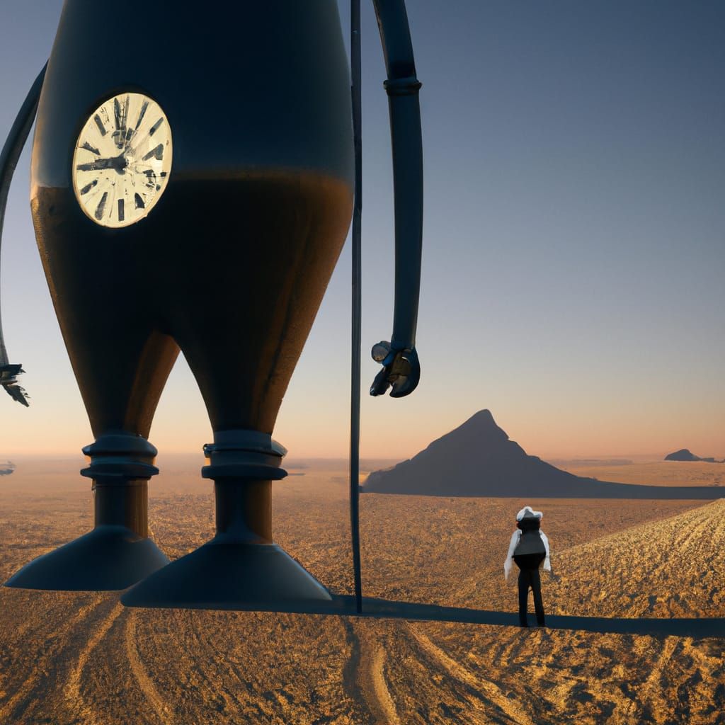 Astronaut and Giant Clock in Desert Landscape