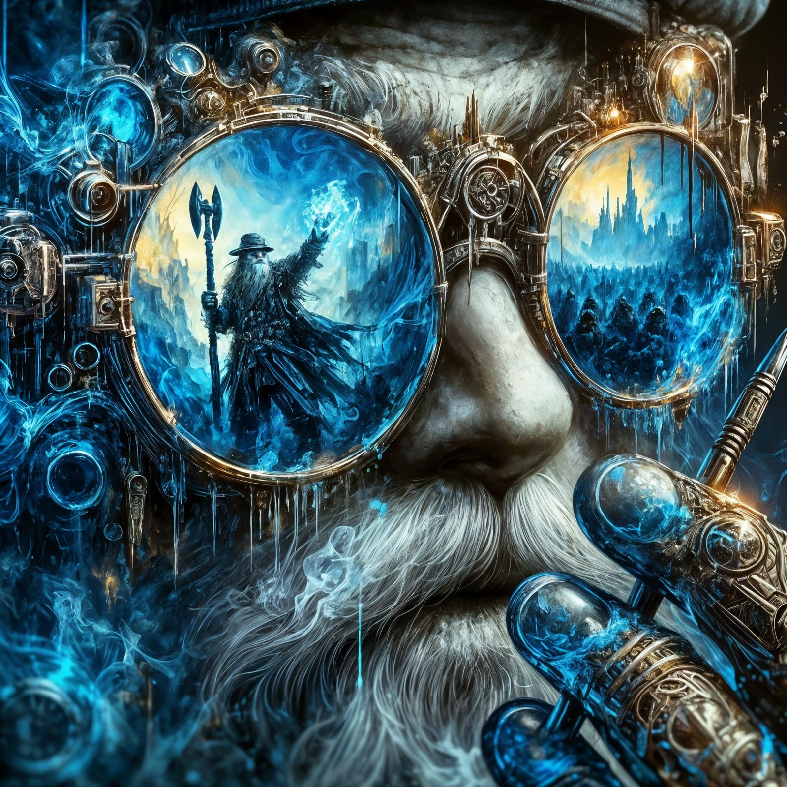 Steampunk Warrior Reflected in Intricate Glasses