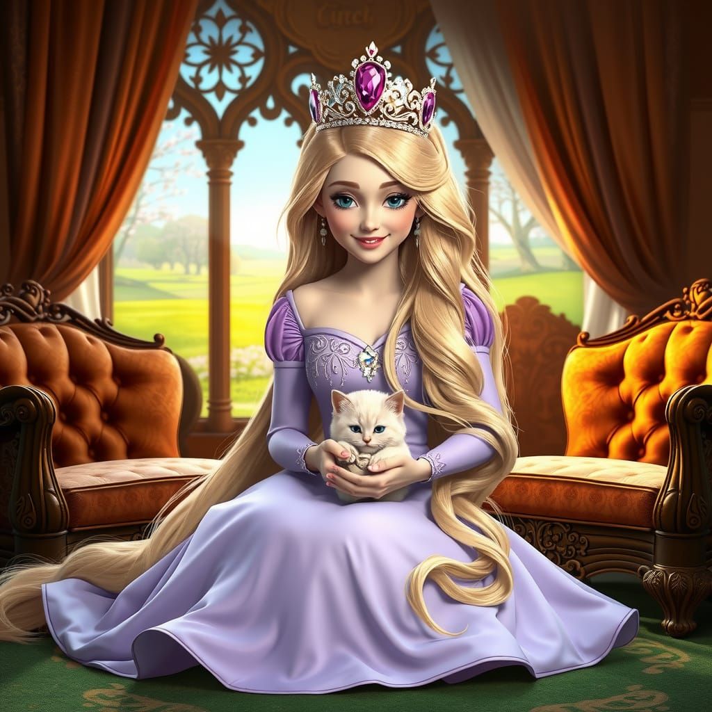 Rapunzel Portrait with Kitten, Digital Art