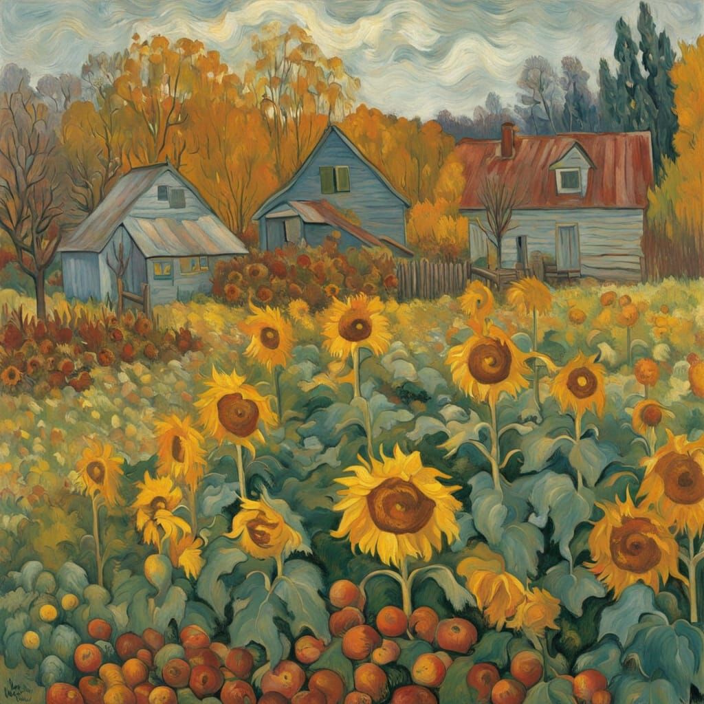 Van Gogh Style Autumn Garden Harvest Painting