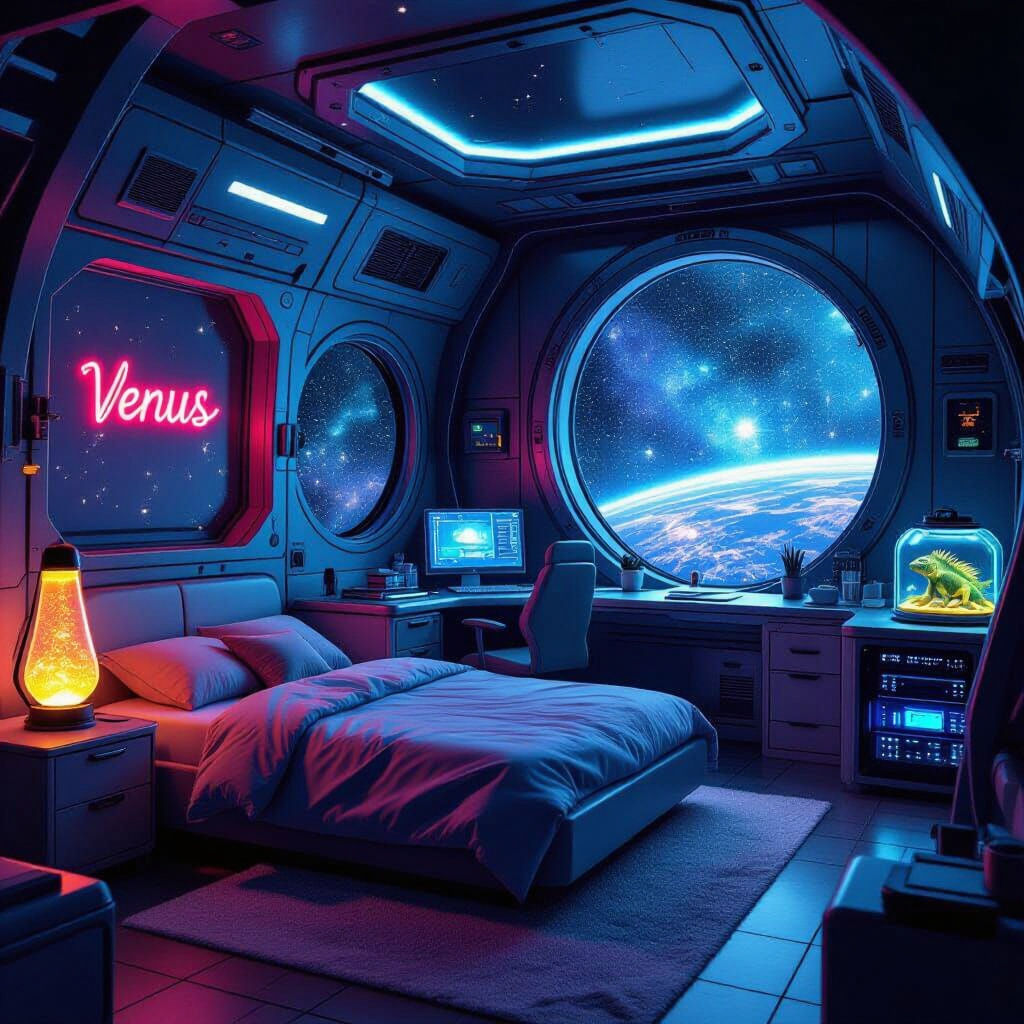 Bedroom in Spaceship with Starry View