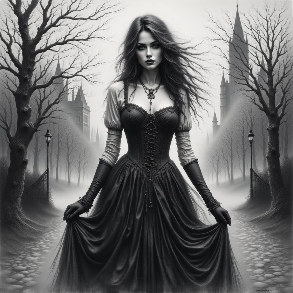 Gothic Woman in Victorian Dress, Monochrome Engraving