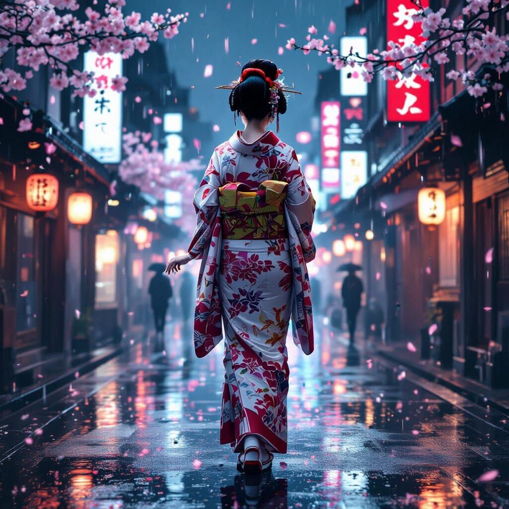 Geisha in Holographic Kimono, Neo-Kyoto Cyberpunk
