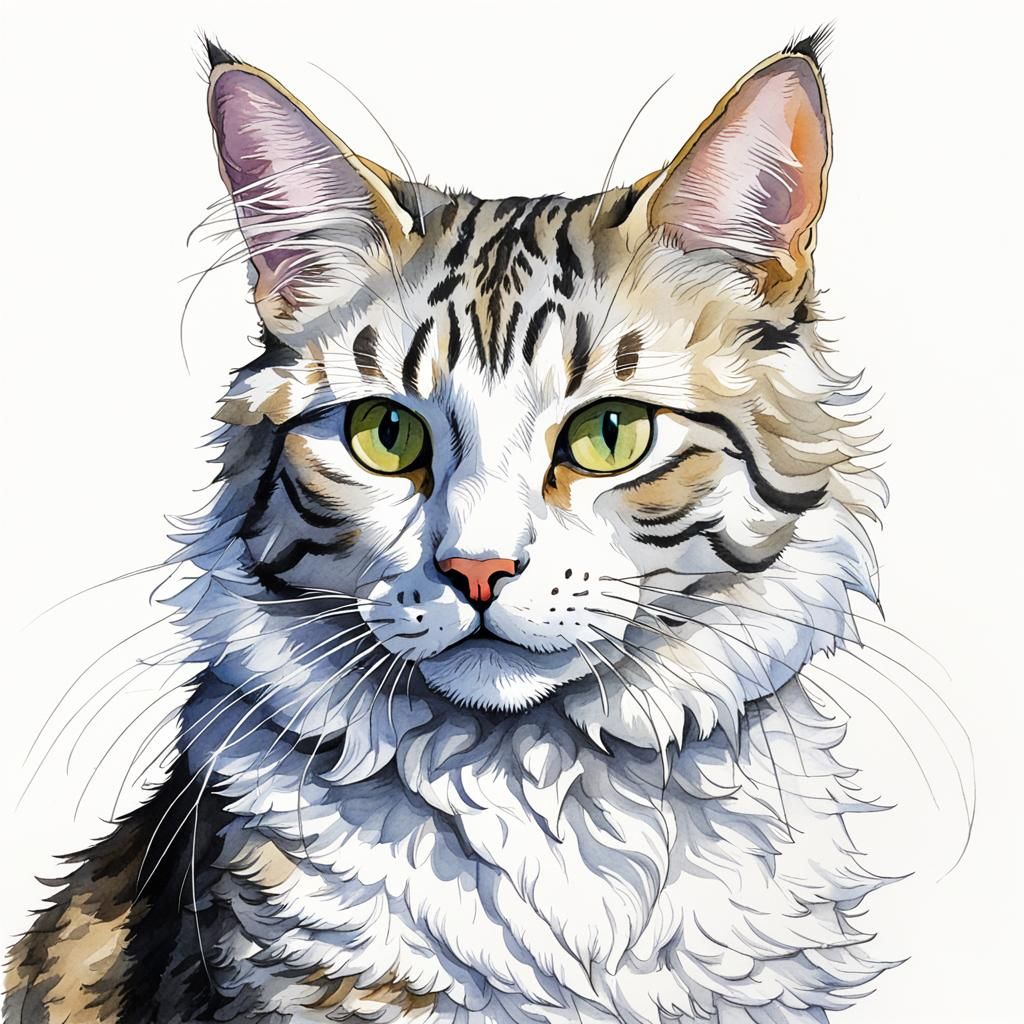 White Tabby Cat in Aquarelle Style