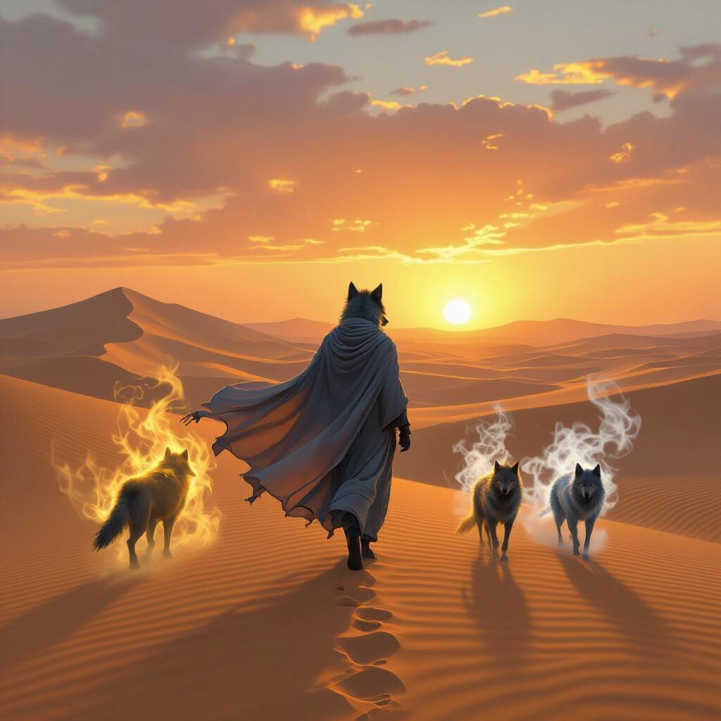 Golden Smoke Wolf in Sahara Dunes at Sunset