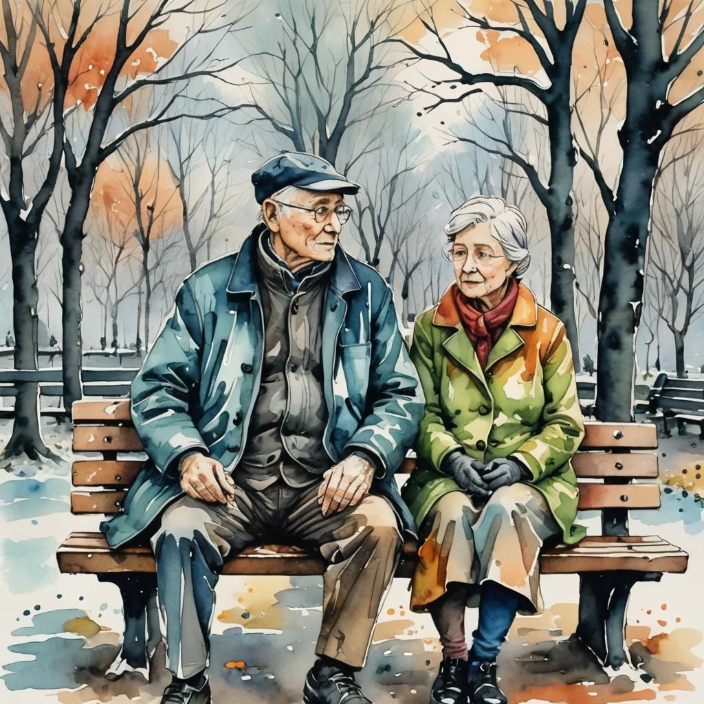 Watercolor and Ink Illustration of Couple on Bench