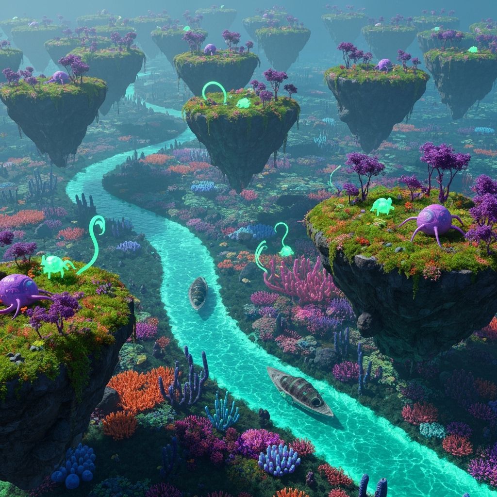 Surreal Landscape with Floating Islands and Bioluminescent L...