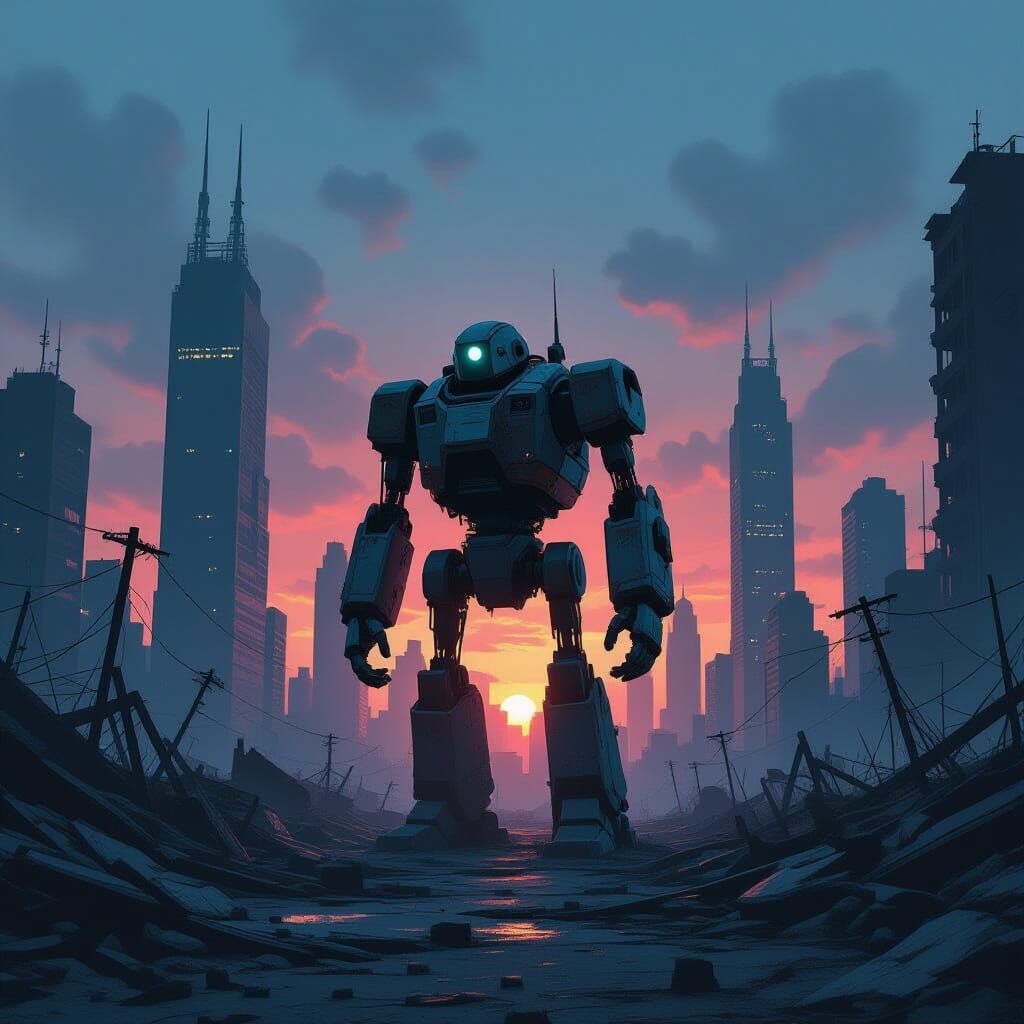 Rusted Robot in Ruined City Twilight Matte Painting