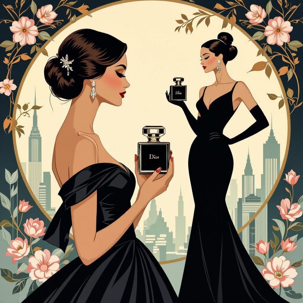 Elegant Woman With Dior Perfume in Art Nouveau Style
